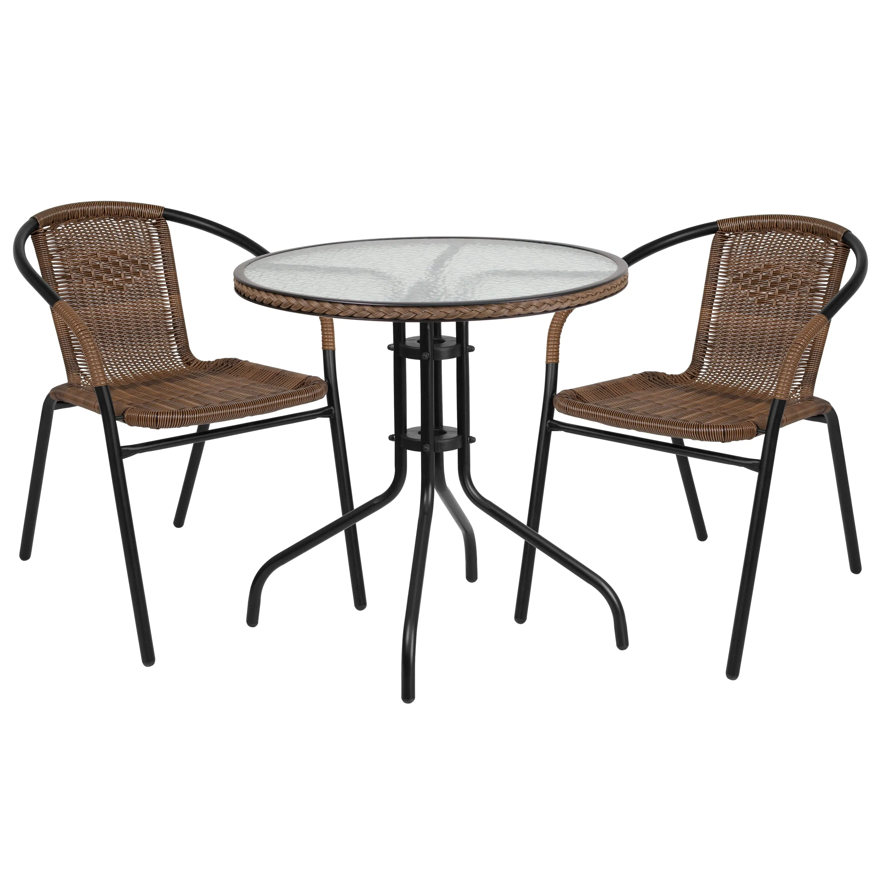 28 Inches Round Glass Metal Table with Rattan Edging and 2 Rattan Stack Chairs