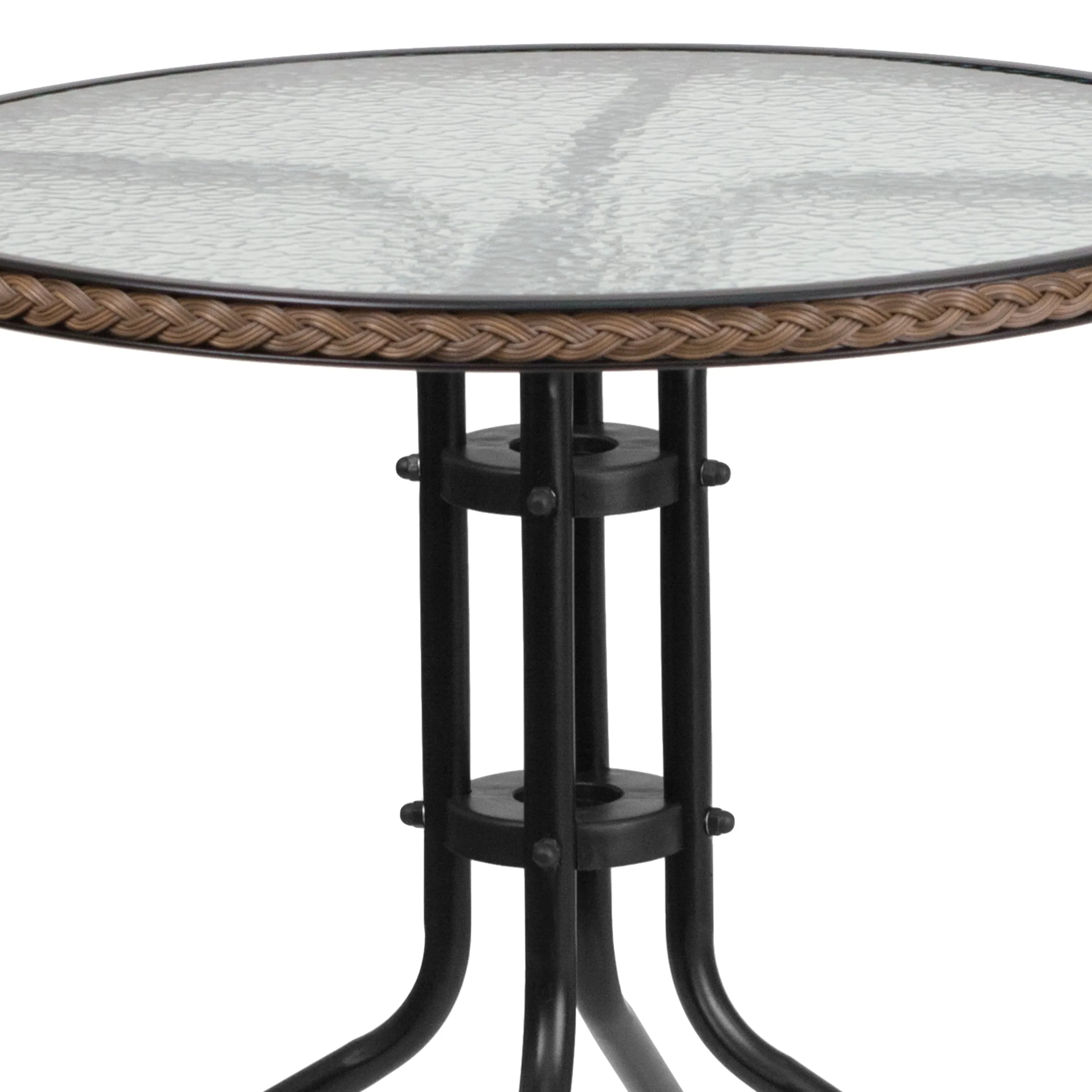 28 Inches Round Glass Metal Table with Rattan Edging and 2 Rattan Stack Chairs