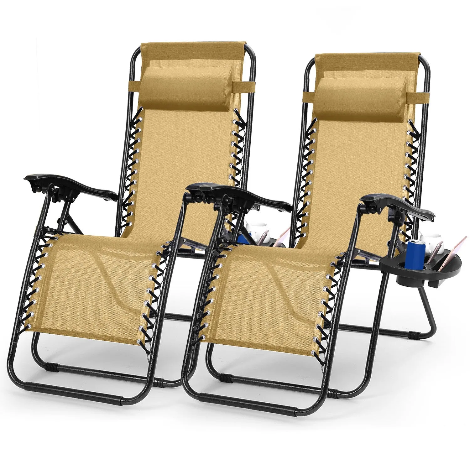 2Packs Zero Gravity Lounge Chair w/ Dual Side Tray 330lbs Load Foldable Recliner Chair w/ Stress Relief Pillow Patio Poolside Beach Lying Chair