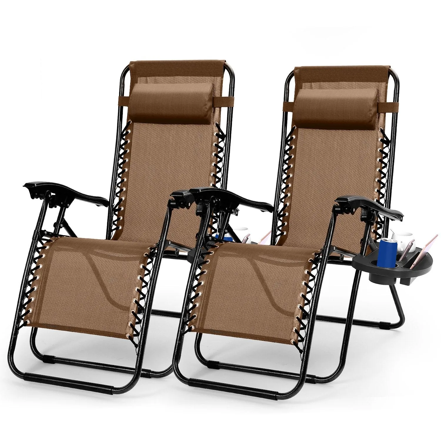 2Packs Zero Gravity Lounge Chair w/ Dual Side Tray 330lbs Load Foldable Recliner Chair w/ Stress Relief Pillow Patio Poolside Beach Lying Chair