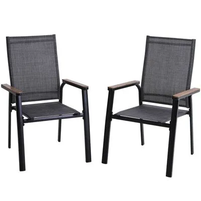 2pk Aluminum Patio Arm Chairs with Wooden Armrests - Captiva Designs