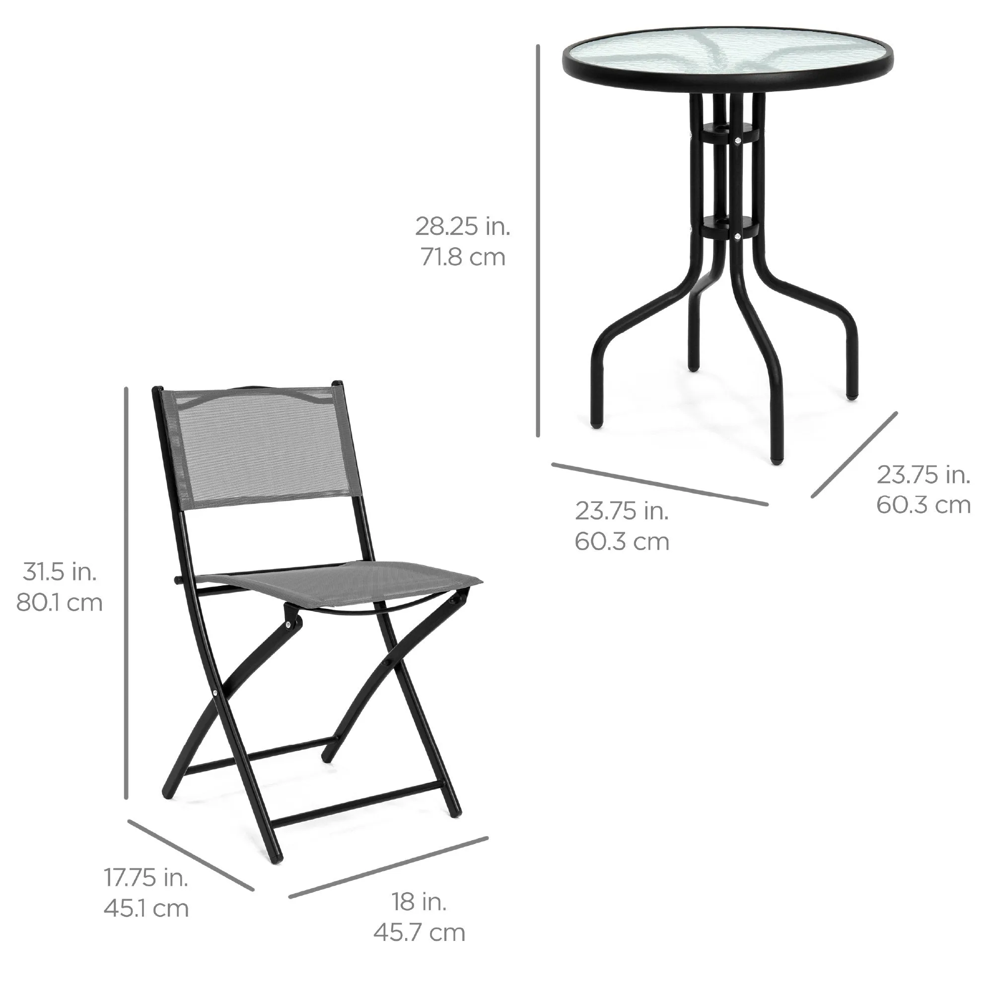 3-Piece Bistro Set w/ Glass Table, 2 Foldable Chairs