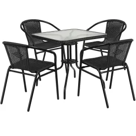 Barker 28'' Square Glass Metal Table with Rattan Edging and 4 Rattan Stack Chairs