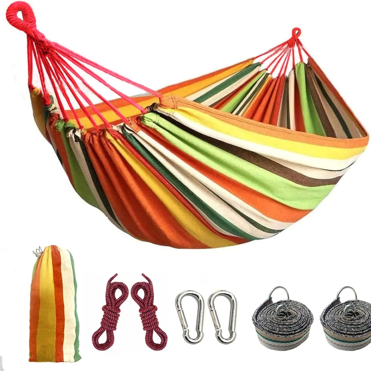 Double Hammock, 2 Person Cotton Canvas Hammock 450lbs with Carrying Bag Two Anti Roll Balance Beam Metal Carabiner Ropes and Tree Straps