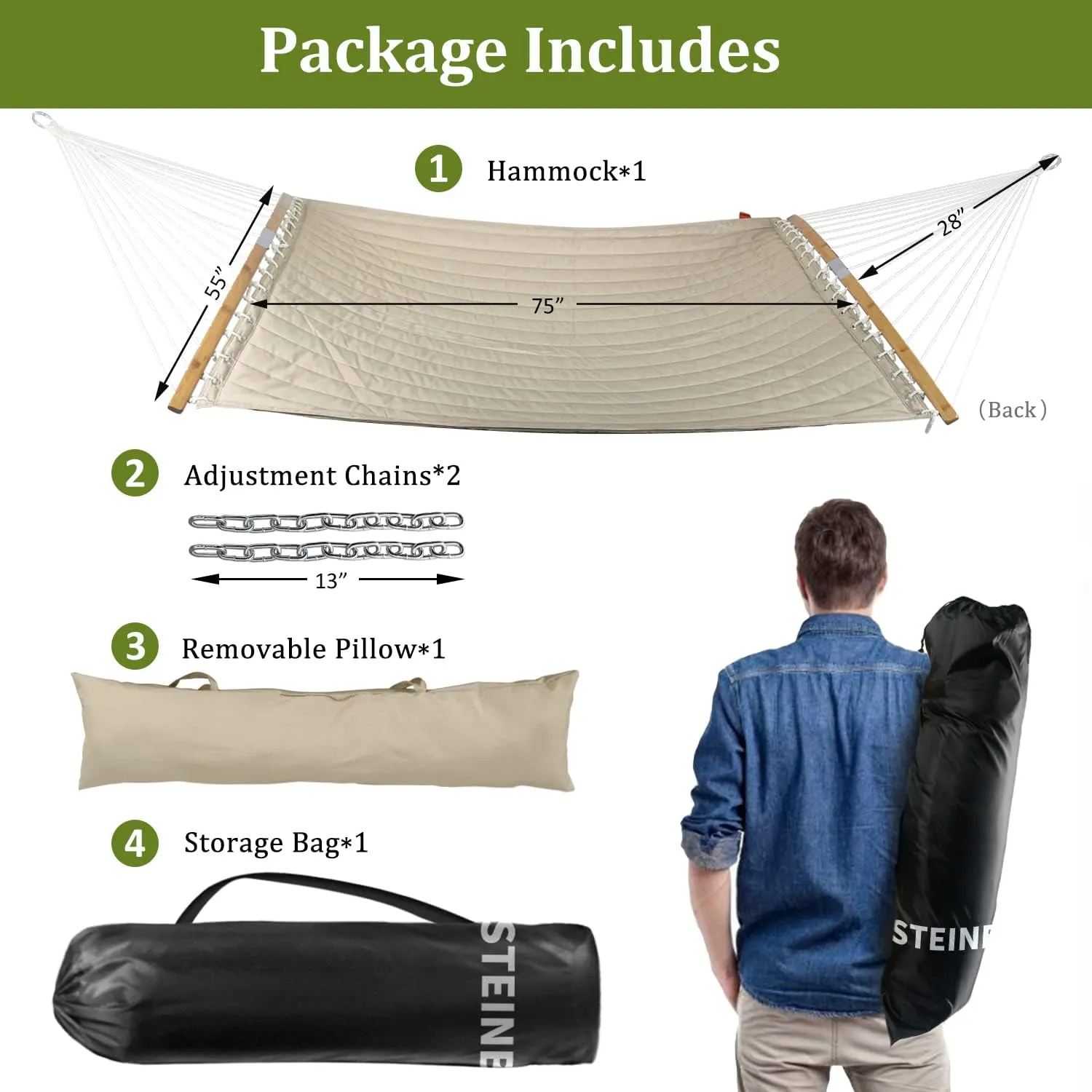 Double Hammock Swing Quilted Fabric, 11 FT Portable Hammocks with Folding Bamboo Spreader Bar & Pillow