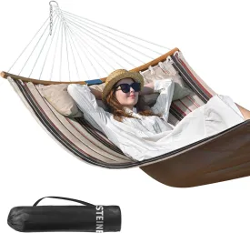 Double Hammock Swing Quilted Fabric, 11 FT Portable Hammocks with Folding Bamboo Spreader Bar & Pillow