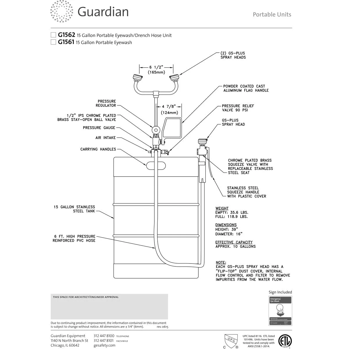 Guardian G1562DOL 15 Gal Portable Eye Wash/Drench Hose, with Dolly