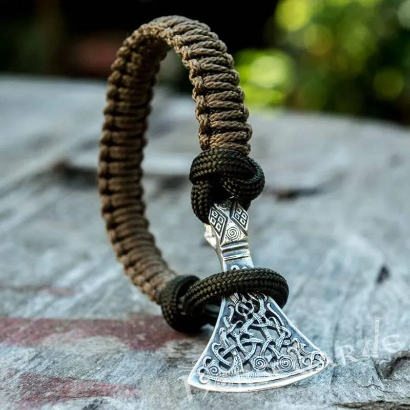 Handcrafted Coffee Paracord Bracelet with Axe Head - Sterling Silver