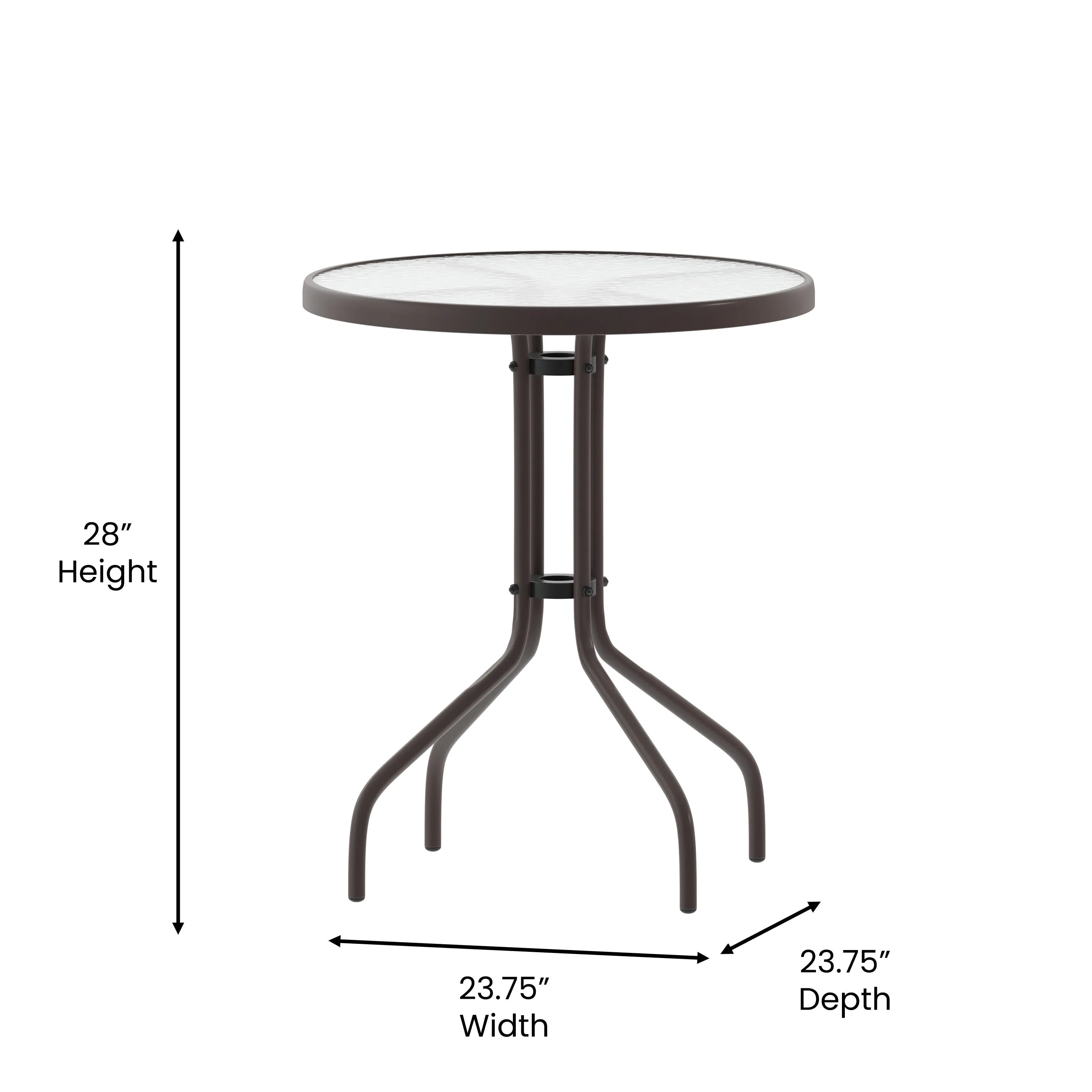 Lila 23.75'' Round Glass Metal Table with 2 Metal Aluminum Slat Stack Chairs