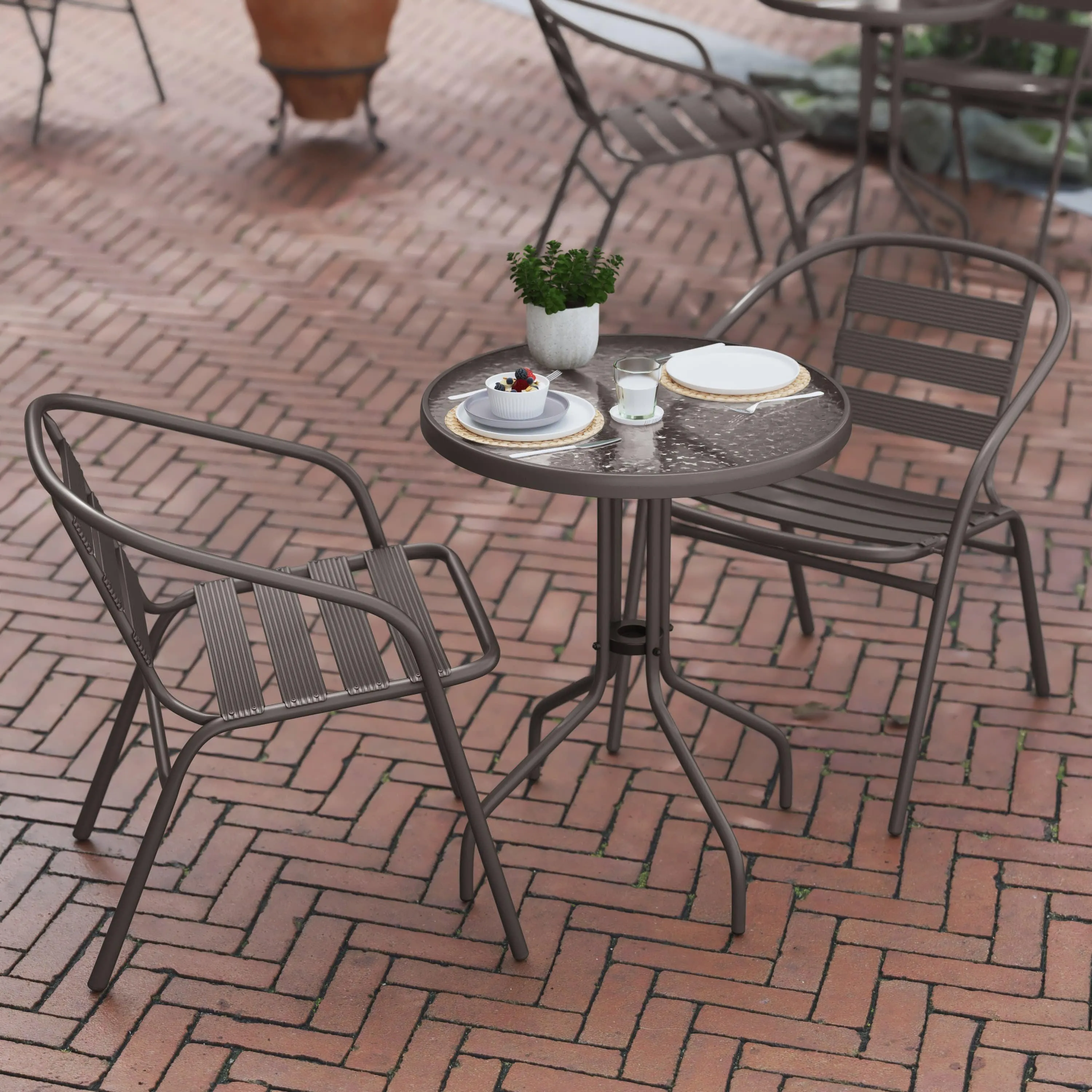 Lila 23.75'' Round Glass Metal Table with 2 Metal Aluminum Slat Stack Chairs