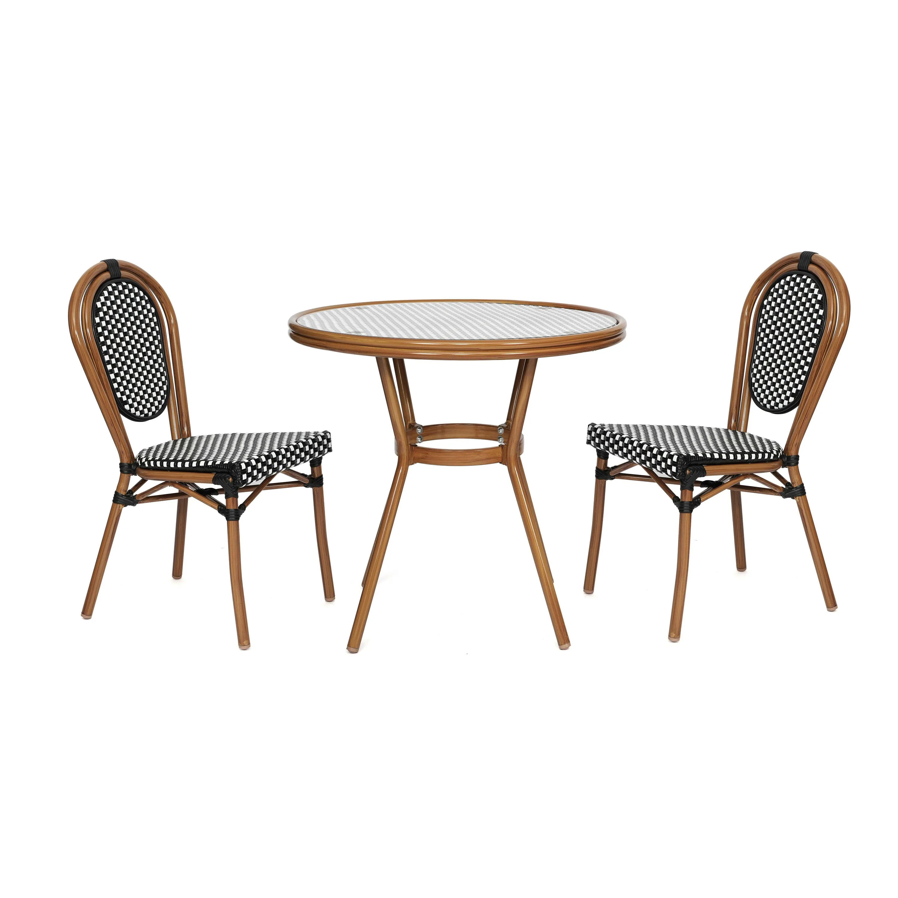 Lourdes Indoor/Outdoor Commercial Bistro 31.5" Table, PE Rattan, Glass Top with 2 Stack Chairs