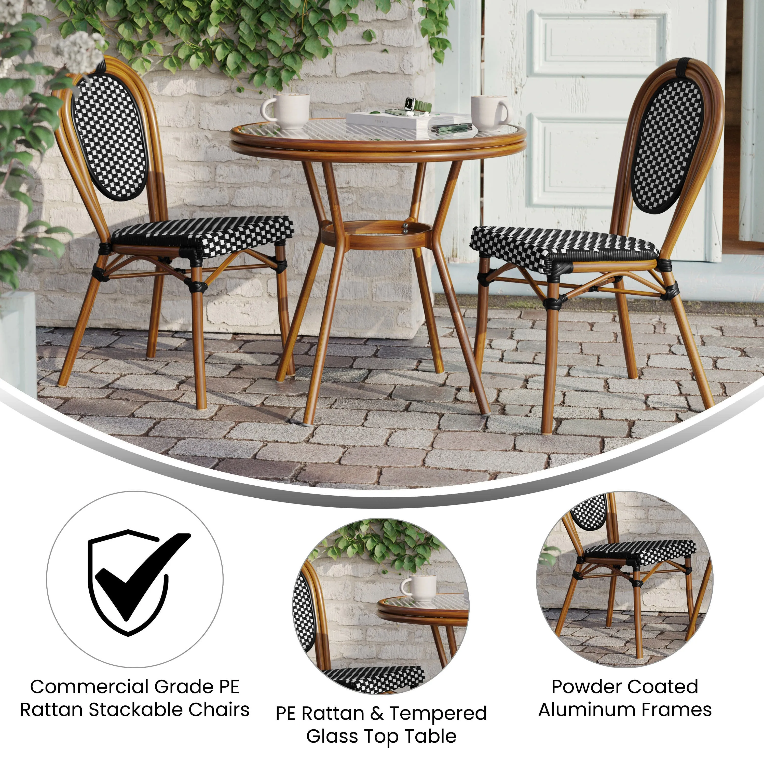 Lourdes Indoor/Outdoor Commercial Bistro 31.5" Table, PE Rattan, Glass Top with 2 Stack Chairs