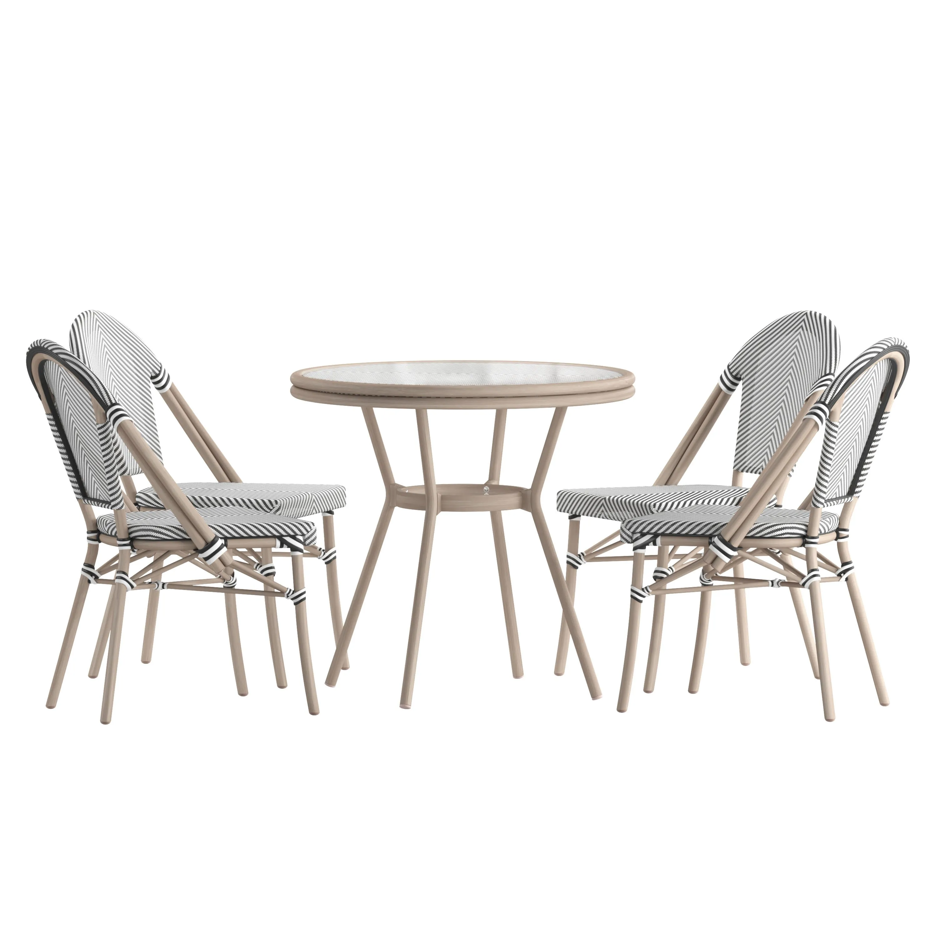 Marseille Indoor/Outdoor Commercial Bistro 31.5" Table, Textilene, Glass Top with 4 Stack Chairs