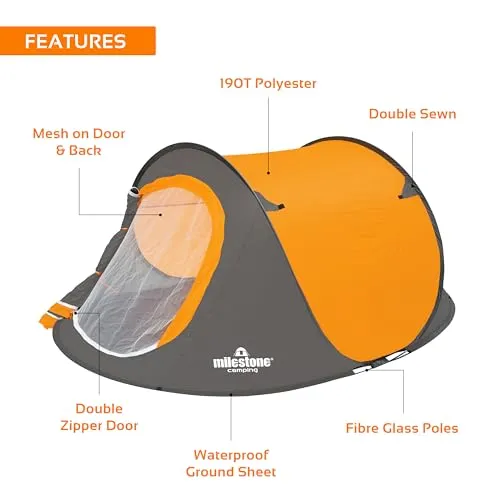 Milestone Camping 18819 Pop Up Tent/Sleeps 2 People/Water Resistant/Portable Carry Bag Included/Double Zipper Door / 100cm x 150cm x 245cm