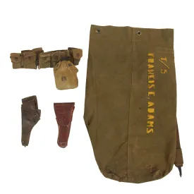 Original U.S. WWI and WWII M-1923 Cartridge Belt Rig With Canteen Lot Featuring WWI M1909 Revolver Holster, M1916 Holster and Named / Painted Sea Bag - 5 Items