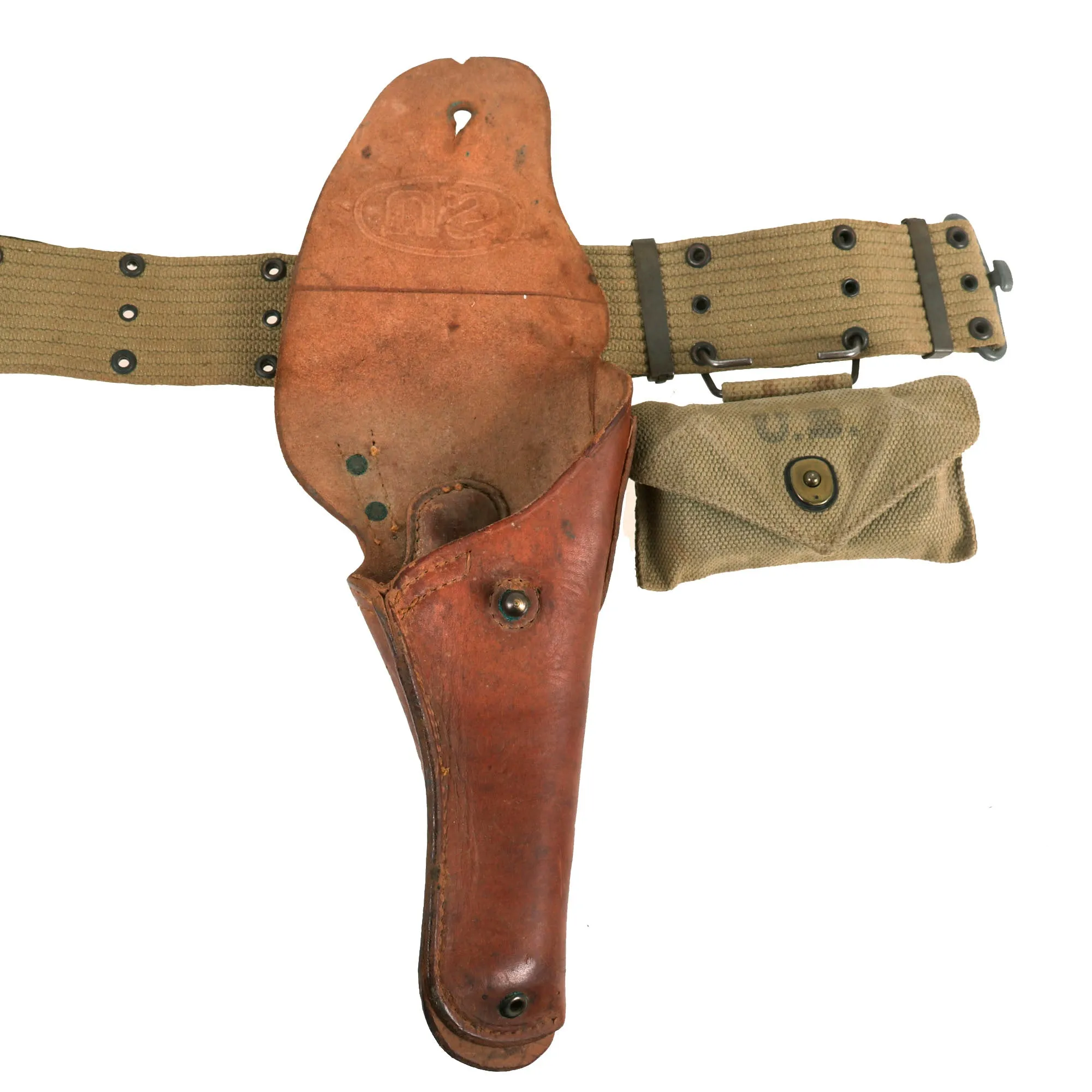 Original U.S. WWII Officer M1936 Pistol Belt, M1911 Holster by Boyt - 1942 Dated First Aid Pouch with Carlisle Bandage