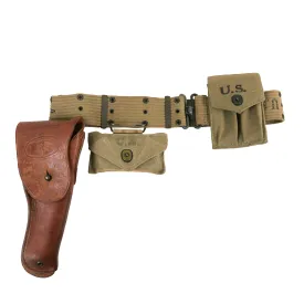 Original U.S. WWII Officer M1936 Pistol Belt, M1911 Holster by Boyt - 1942 Dated First Aid Pouch with Carlisle Bandage