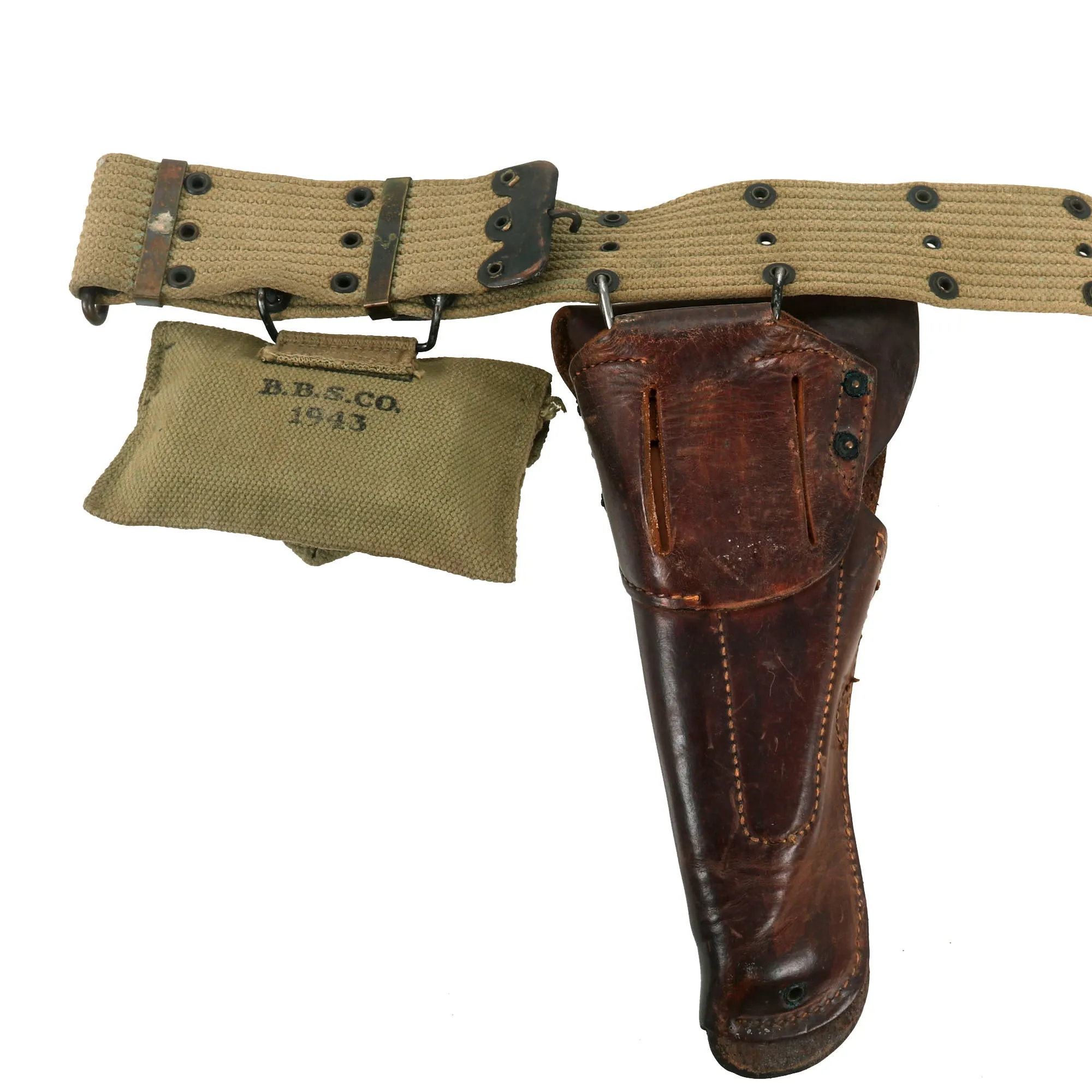 Original U.S. WWII Officer M1936 Pistol Belt, M1911 Holster by Enger-Kress, Magazine Pouch & First Aid Pouch WITH Box & Bandage