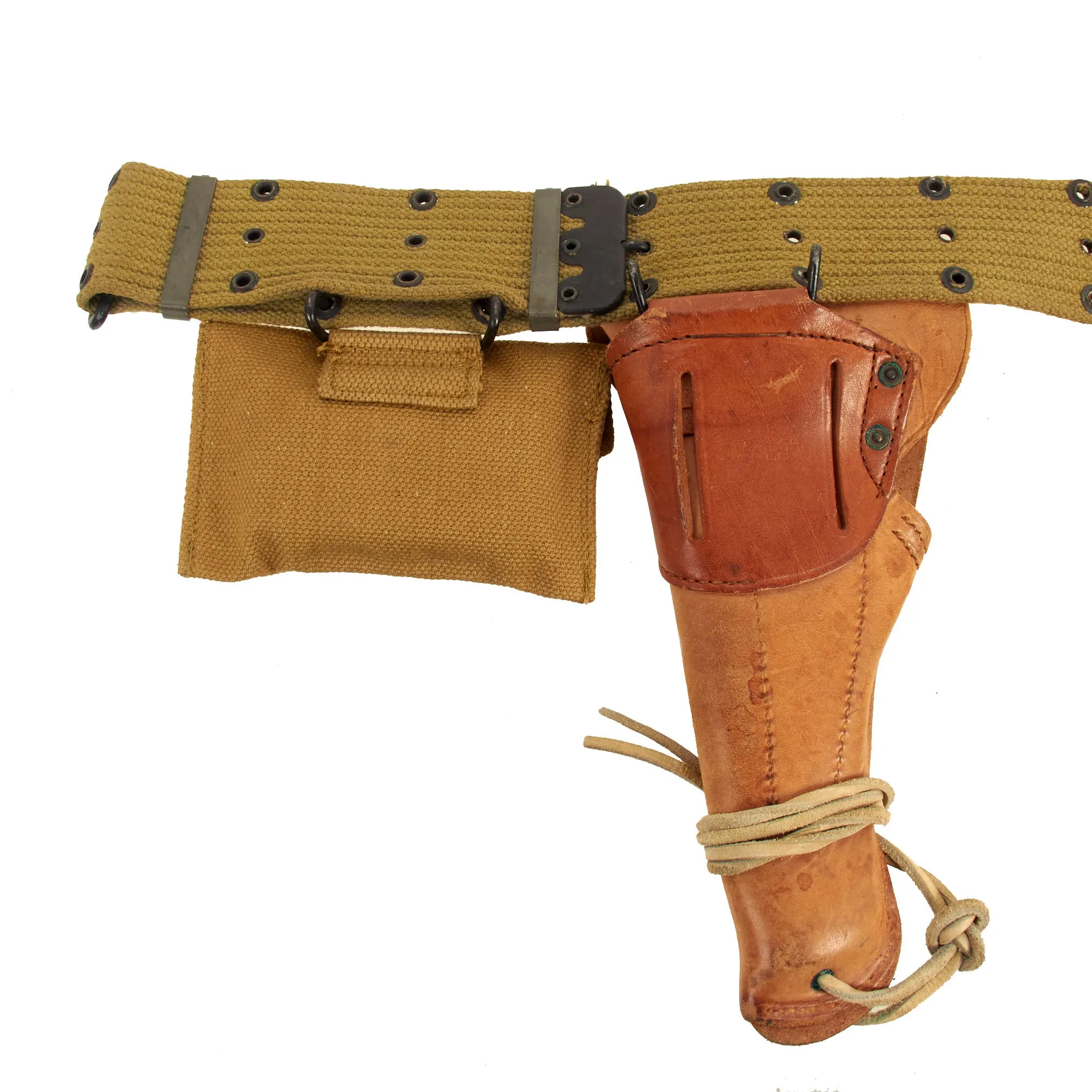 Original U.S. WWII Officer M1936 Pistol Belt, M1911 Holster by Rare Maker, Magazine Pouch, British Made First Aid Pouch WITH Box & Bandage and M1910 Canteen Set