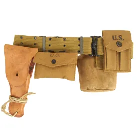 Original U.S. WWII Officer M1936 Pistol Belt, M1911 Holster by Rare Maker, Magazine Pouch, British Made First Aid Pouch WITH Box & Bandage and M1910 Canteen Set