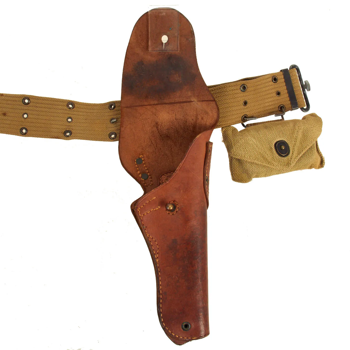 Original U.S. WWII Officer M1936 Pistol Belt, M1911 Holster by Rare Maker, WWI Magazine Pouch & First Aid Pouch WITH Box & Bandage