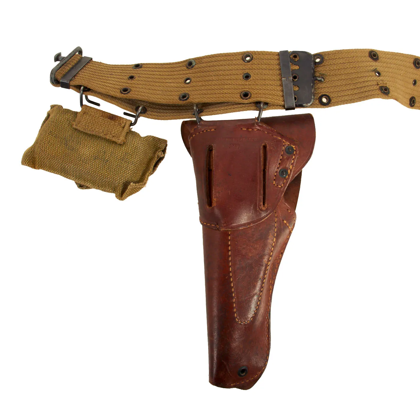 Original U.S. WWII Officer M1936 Pistol Belt, M1911 Holster by Rare Maker, WWI Magazine Pouch & First Aid Pouch WITH Box & Bandage