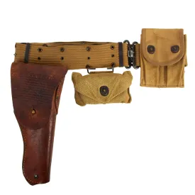 Original U.S. WWII Officer M1936 Pistol Belt, M1911 Holster by Rare Maker, WWI Magazine Pouch & First Aid Pouch WITH Box & Bandage