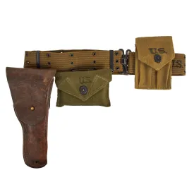 Original U.S. WWII Officer M1936 Pistol Belt, M1911 Holster, Magazine Pouch & Carlisle First Aid Pouch with Bandage- 1944 Dated Set