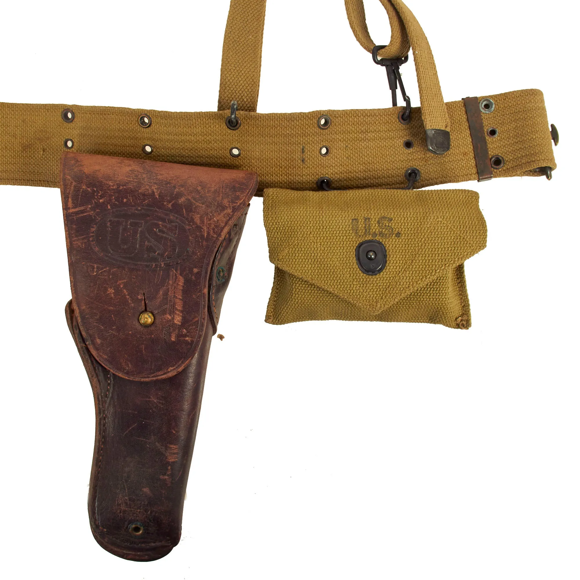 Original U.S. WWII Officer M1936 Pistol Belt, M1936 Suspenders, M1911 Holster, Magazine Pouch, M1910 Canteen Set & First Aid Pouch WITH Box & Bandage