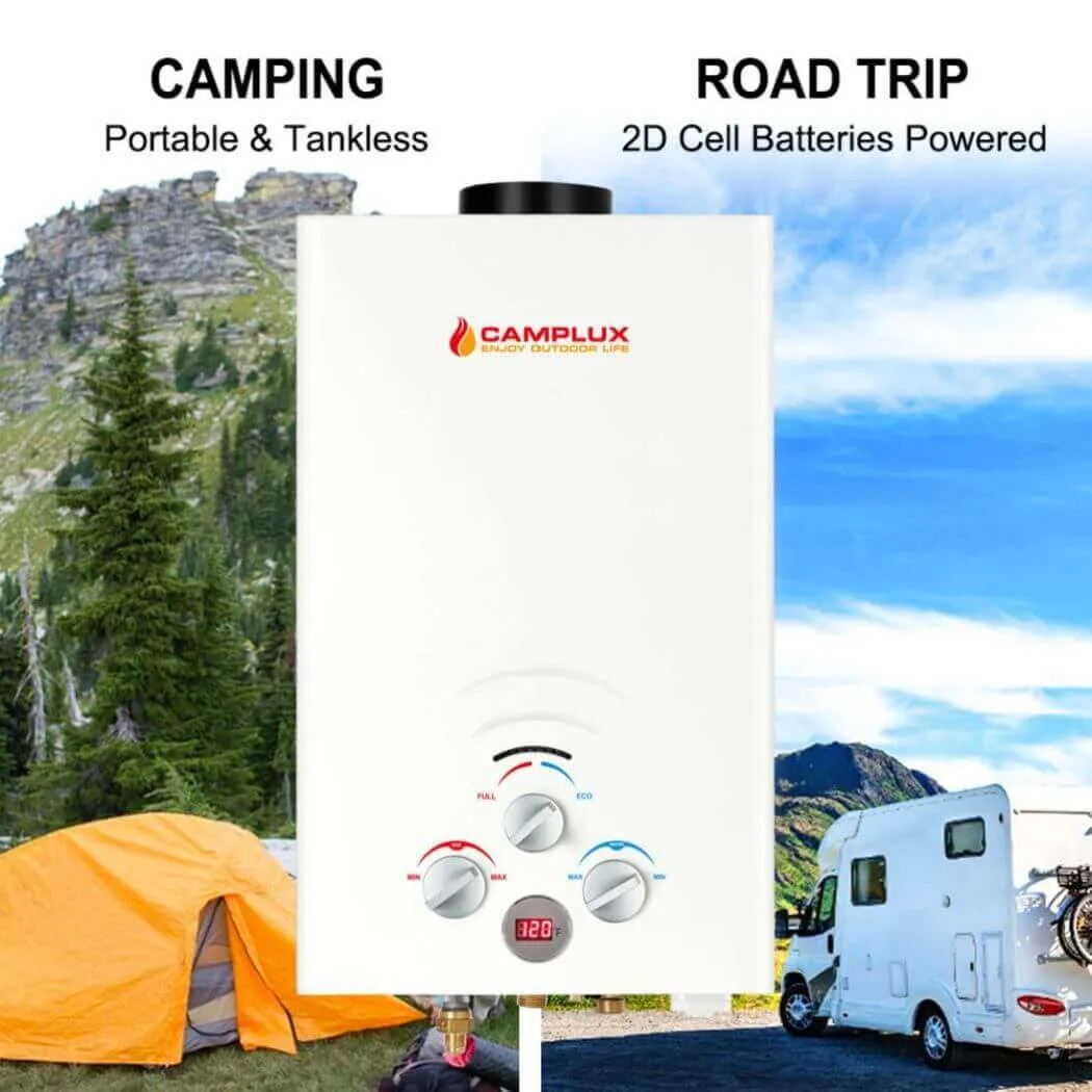 Portable Water Heater, Camplux Propane Water Heater, 2.11 GPM Tankless Gas Water Heater, On Demand Water Heater, White